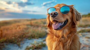 ai genererad gyllene retriever hund bär solglasögon på strand foto