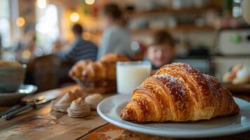 ai genererad grupp av människor runt om tallrik av croissanter foto