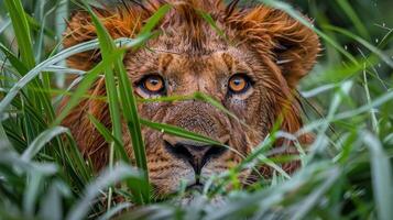 ai genererad lejon om i gräs stänga upp foto