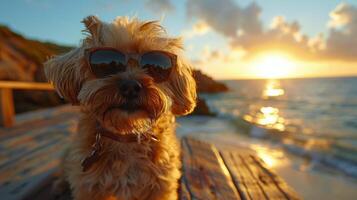 ai genererad gyllene retriever hund bär solglasögon på strand foto