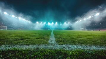 ai genererad fotboll stadion med grön fält och lampor foto