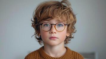 ai genererad liten pojke bär glasögon ser på kamera foto