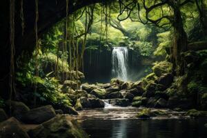 ai genererad en dold vattenfall omgiven förbi frodig skog grönska. generativ ai foto