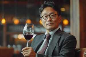 ai genererad karismatisk asiatisk söt affärsman vin glas. generera ai foto