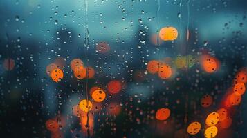 ai genererad regn droppar på en fönster med stad lampor foto