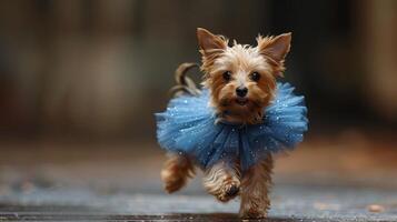 ai genererad små hund klädd i blå klänning foto