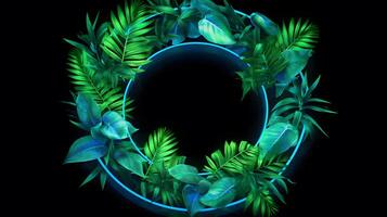 ai genererad grön och blå neon ljus med tropisk löv, tropiska blad i neon färger foto