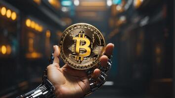 ai genererad kryptovaluta bitcoin digital pengar gyllene mynt teknologi företag begrepp kryptovaluta bitcoin foto