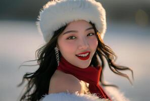ai genererad skön asiatisk kvinna i snö vinter- säsong med Lycklig och leende foto