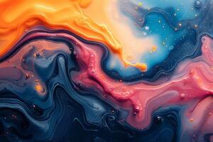 ai genererad levande abstrakt textur med orange och blå måla virvlar och droppar. foto