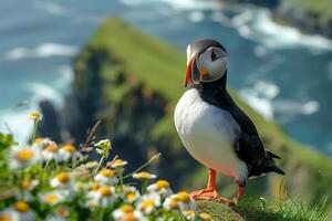 ai genererad närbild skott av ett atlanten lunnefågel stående på de sten med en suddig bakgrund.generativ ai foto