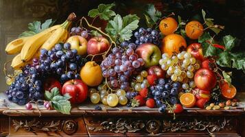 ai genererad fortfarande liv målning av olika frukt på tabell foto