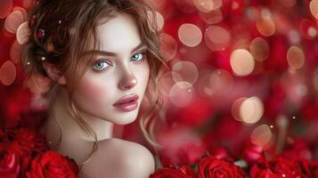 ai genererad kvinna med blå ögon och röd blomma i hår foto