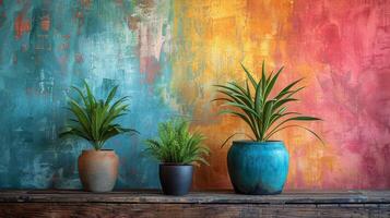 ai genererad tre inlagd växter på hylla mot färgrik vägg foto