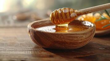 ai genererad honung dopp med trä- sked foto
