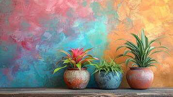 ai genererad tre inlagd växter på hylla mot färgrik vägg foto