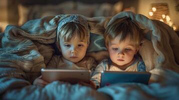 ai genererad två ung barn använder sig av läsplatta i säng foto