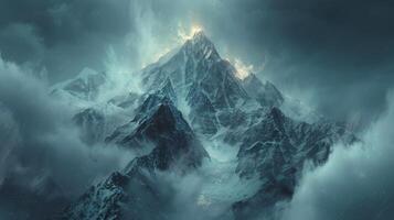ai genererad berg höljd i moln och blixt- foto