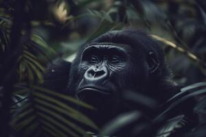 ai genererad porträtt dominerande manlig gorilla i skog.generativ ai foto