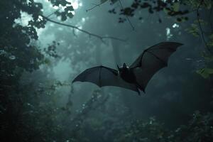 ai genererad fladdermus flygande i mörk skog. generativ ai foto