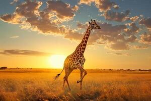 ai genererad giraff på savann på solnedgång himmel.generativ ai foto