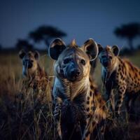 ai genererad hyena gående i de buske på natt.generativ ai foto