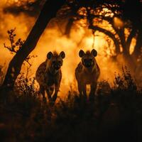 ai genererad hyena gående i de buske i de kväll.generativ ai foto