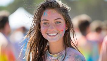 ai genererad ung kvinna täckt i färgrik pulver på en holi festival foto