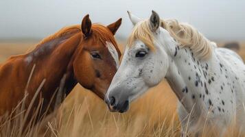 ai genererad två vit hästar stående i fält foto