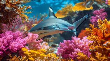 ai genererad haj simning genom färgrik korall rev foto