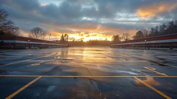 ai genererad tömma parkering massa med solnedgång foto