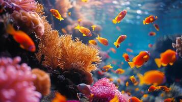 ai genererad grupp av fisk simning över korall rev foto