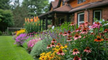 ai genererad en välskött hus och trädgård skryta vibrerande årlig och perenn blommar, en färgrik och pittoresk visa foto