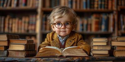 ai genererad söt ung pojke i glasögon läsning böcker omgiven förbi stackar av böcker i bibliotek. begrepp av tidigt barndom utbildning, kärlek för läsning, och intellektuell utveckling. foto