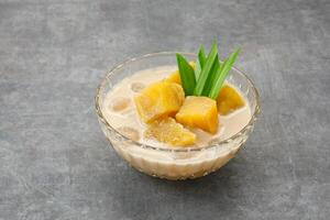 kolak ubi, indonesiska traditionell efterrätt, tillverkad från ljuv potatis, kokos mjölk, socker och pandanus löv. foto