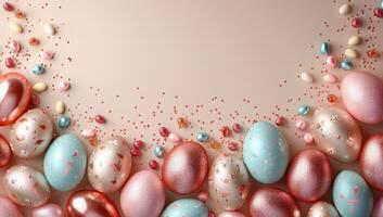 ai genererad påsk bakgrund med pastell färgad ägg och konfetti. 3d tolkning foto