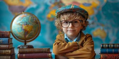 ai genererad nyfiken ung pojke studerar geografi med klot och böcker. begrepp av utbildning, inlärning, och utforskning. foto