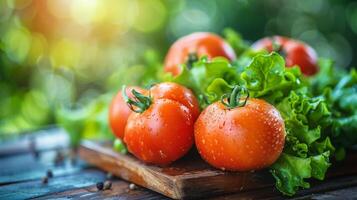 ai genererad färsk mogen tomater och sallad på rustik trä- bakgrund. organisk grönsaker med vatten droppar. friska vegetarian mat begrepp. foto