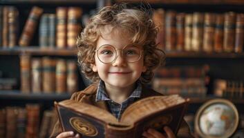 ai genererad söt liten pojke i glasögon läsning en bok i de bibliotek. foto