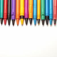ai genererad levande kreativitet färgrik pennor på vit bakgrund med Plats för social media posta storlek foto