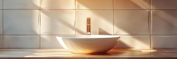 ai genererad en vit fåfänga disken i en badrum funktioner en keramisk tvättställ och modern stil kran, utsöndrar elegans och enkelhet. foto