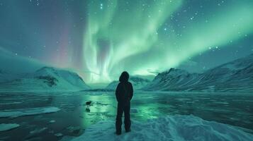 ai genererad de nordlig lampor kasta en grön glöd över en omfattande, snöig tundra, skapande en fascinerande scen. foto