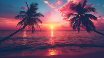 ai genererad silhuetter av handflatan träd på en tropisk strand under en vibrerande solnedgång foto
