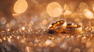 ai genererad panorama- baner av två upprätt guld bröllop band symbolisk av kärlek och roman på en texturerad glitter bakgrund foto