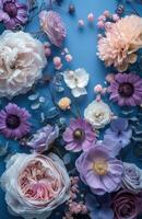 ai genererad lila och vit blommor är på en blå duk foto