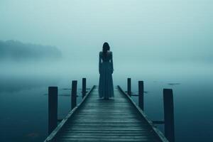 ai genererad en kvinna stående på en docka i de dimmig morgon- foto