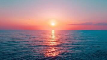 ai genererad solnedgång på de horisont, med de Sol gjutning en värma glöd över de himmel och de hav foto