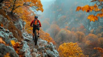 ai genererad en berg cyklist navigerande en klippig spår, omgiven förbi vibrerande höst löv foto