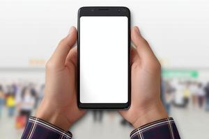 ai genererad mobil bekvämlighet manlig händer håll smartphone med tom vit skärm foto