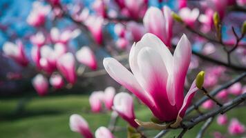 ai genererad ämne suddig natur bakgrund med magnolia vår blomning trädgård foto